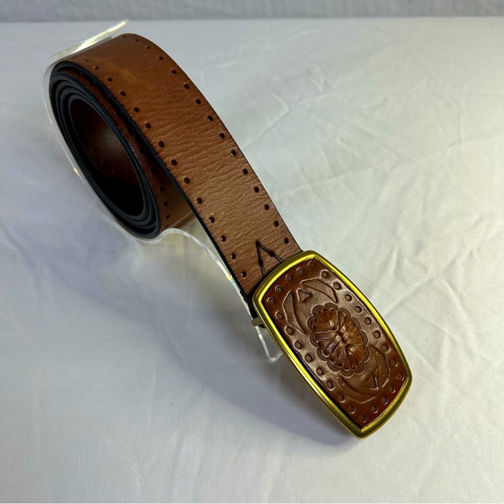 Cole Haan Sz 42 Western Unisex Tan Leather Belt Hand Tooled Buckle Made Canada